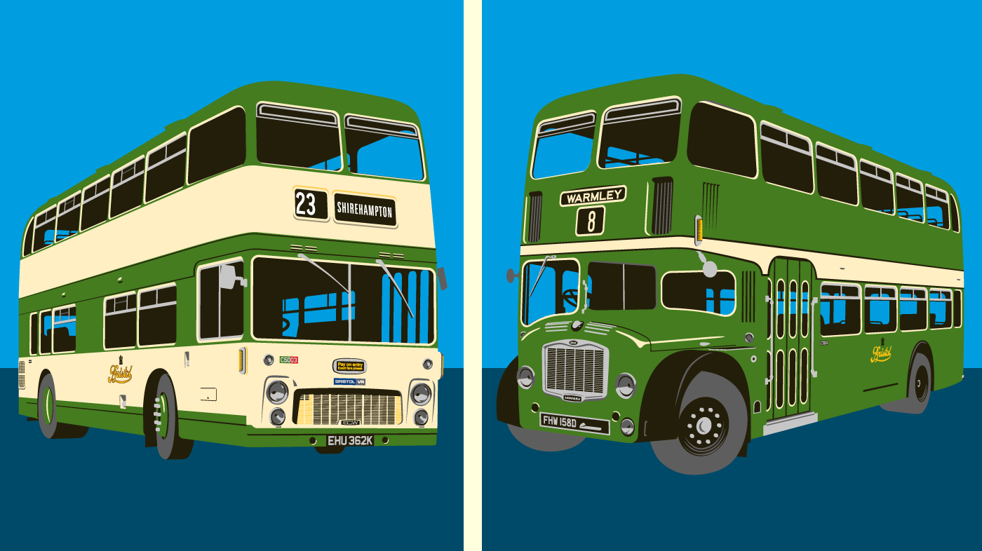 Illustrations of a 1972 Bristol VR double-decker bus and a 1966 Bristol Lodekka. Shown in the green and cream Bristol Omnibus liveries they had when new, including Bristol scroll logos.