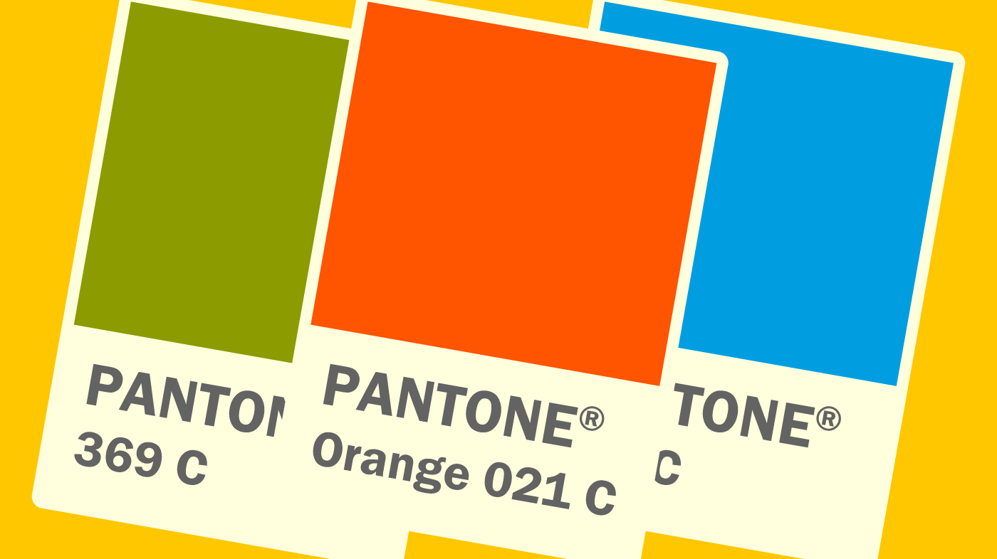 Three different coloured Pantone spot-colour swatches in a row